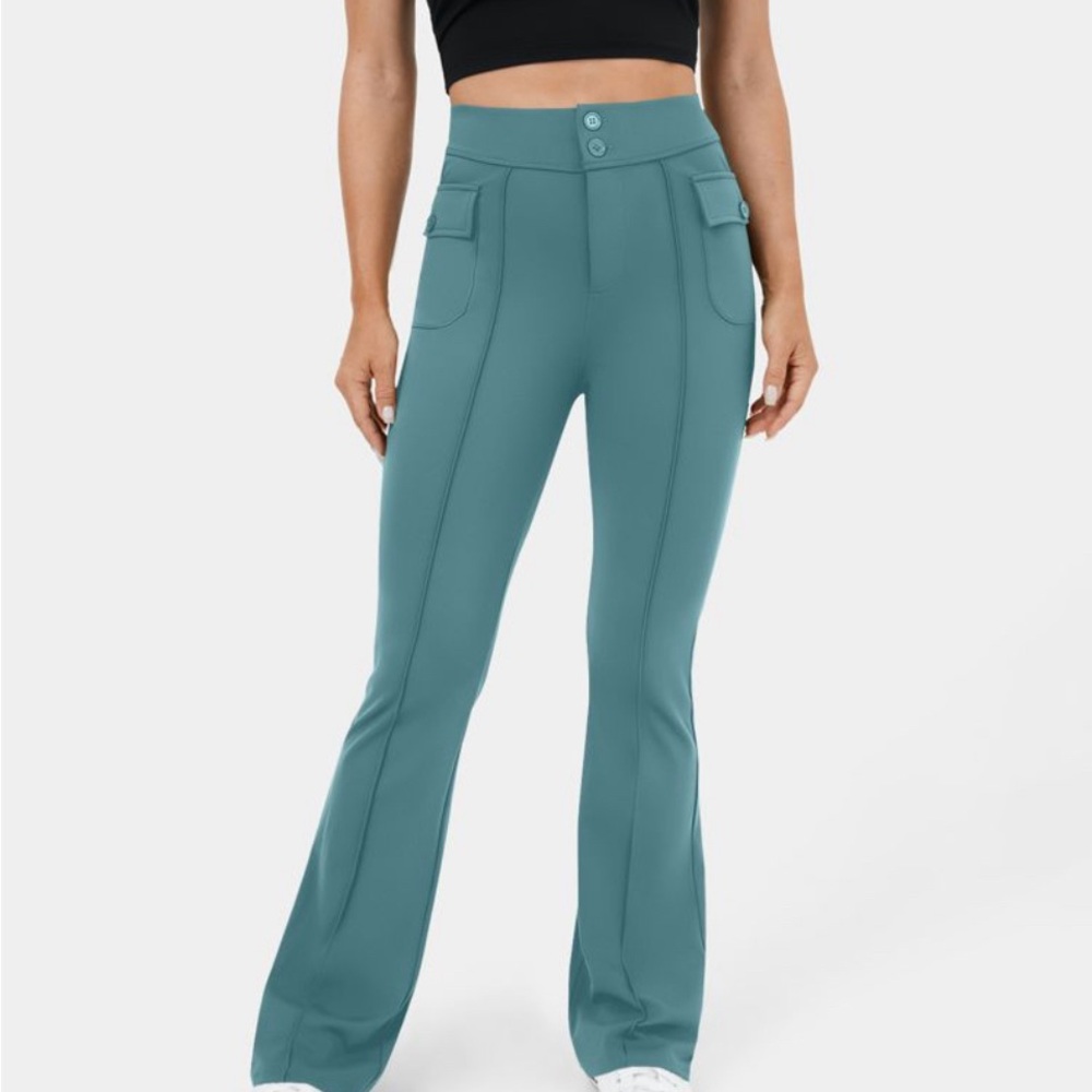 High Waisted Button Side Flap Pocket Flare Casual Cargo Pants